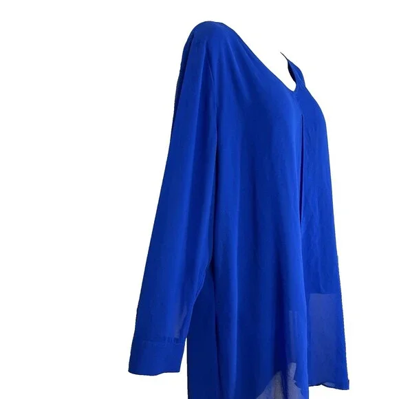 Chico's 2 Long Split Front Tunic Top Large Sheer Long Sleeve Royal Blue Layered - Picture 8 of 10
